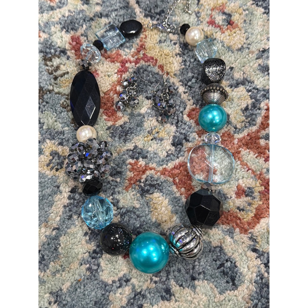 Necklace Set Women Teal Black Chunky Bead Statement EUC